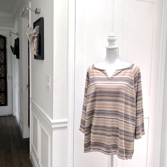 Chaps Womens 2X Striped Cotton Top Split Neck Flared Sleeve Boho Casual Fall - Picture 4 of 11